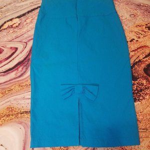 Knee Length Blue Pencil Skirt with Bow Detail
